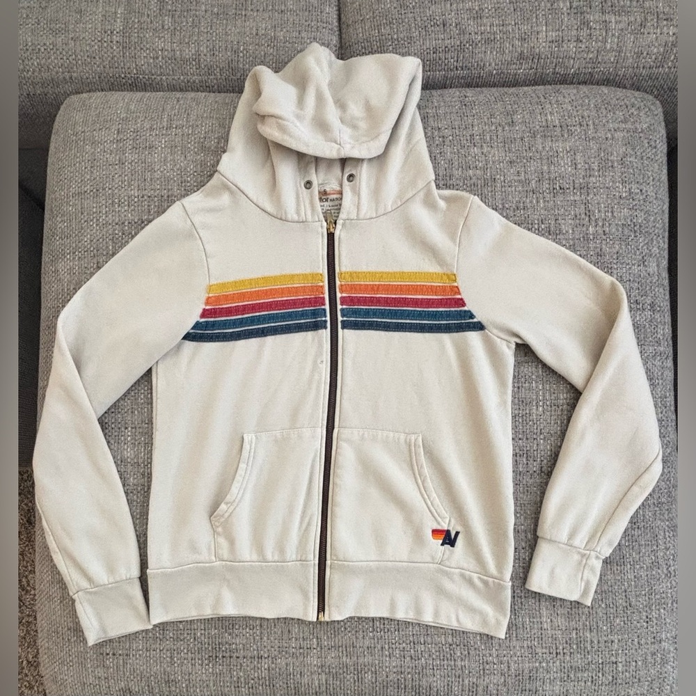 Aviator Nation Unisex Vintage White Rainbow Stripe Zip Hoodie (S) & Sweats (XS) - Picture 5 of 13